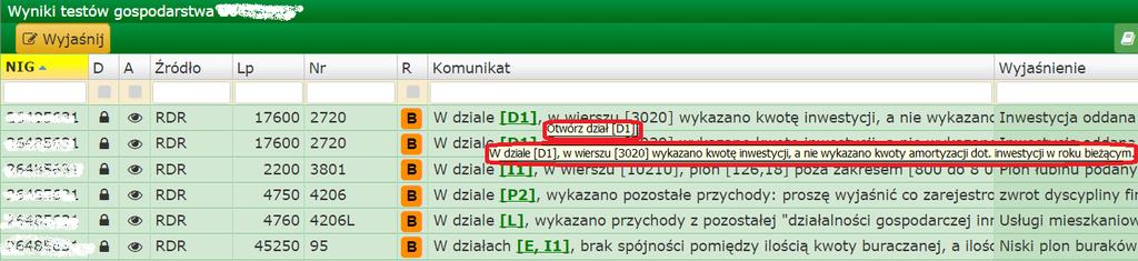 z komunikatem spowoduje wyświetlenie dymku z pełnym tekstem komunikatu (nie trzeba rozszerzać kolumny). Ponadto w komunikacie użyte są symbole działów, które sprawdza dany test.