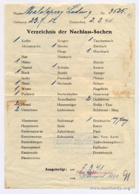 Dokumentacja obozu Auschwitz-Birkenau Wykaz rzeczy