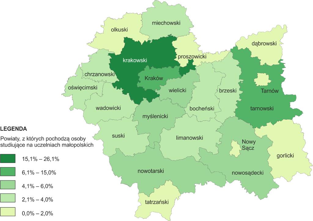 Mapa 2. Powiaty, z których pochodzą osoby studiujące na uczelniach małopolskich (według miejsce zameldowania) 1.
