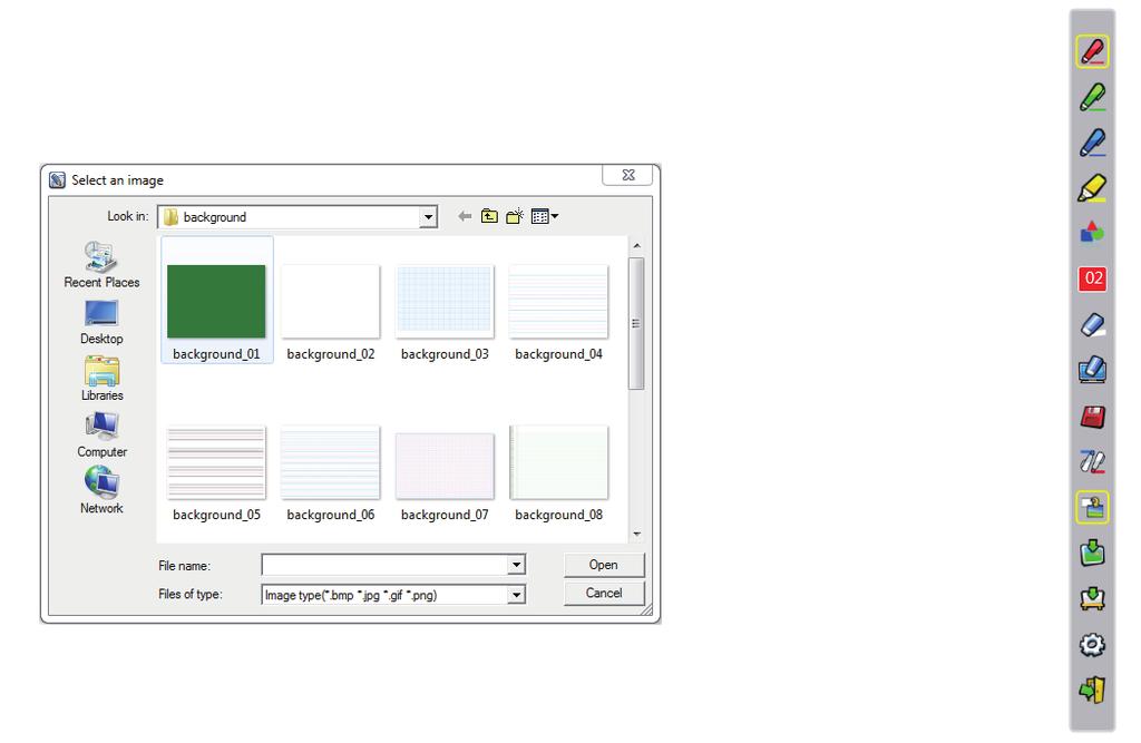 Instalacja w systemie operacyjnym Windows - oprogramowanie ViewDrawII (3) Tryb tablicy Kliknij ikonę ; na ekranie pojawi się tło tablicy, a dwie funkcje na pasku zadań zmienią się na Importuj tło i