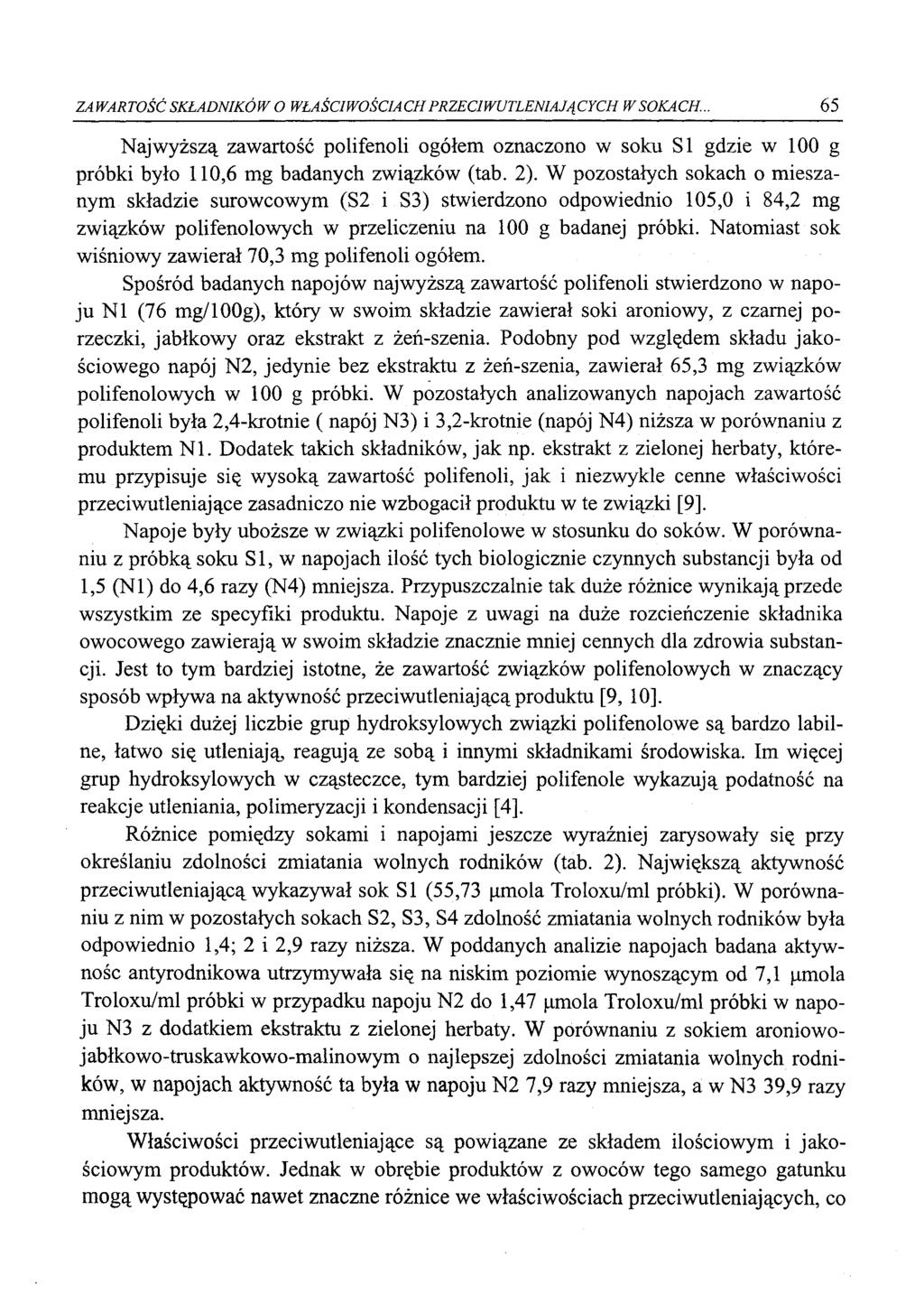 ZAWARTOŚĆ SKŁADNIKÓW O WŁAŚCIWOŚCIACH PRZECIWUTLENIAJĄCYCH W SOKACH... 65 Najwyższą zawartość polifenoli ogółem oznaczono w soku SI gdzie w 100 g próbki było 110,6 mg badanych związków (tab. 2).