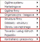 gałęziach: Ogólne firmy, Struktura firmy, Oddziały-struktury, Obrotu wewnętrznego oraz Kontrahenci i pracownicy.