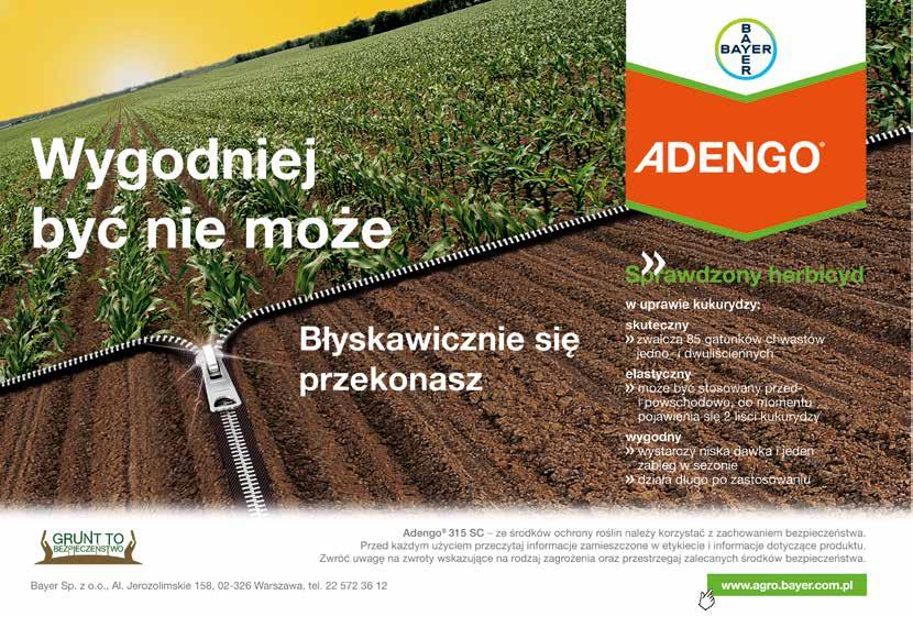 ADENGO 315 SC ŚRODKI OCHRONY ROŚLIN - HERBICYDY ZAWARTOŚĆ SUBSTANCJI AKTYWNYCH: tienkarbazon metylu - 90 g/l, S-izoksaflutol - 225 g/l Sejfner: cyprosulfamid - 150 g/l Herbicyd stosowany doglebowo