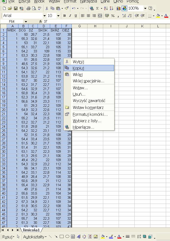 Obliczenia w pakiecie STATISTICA Zaznaczamy dane