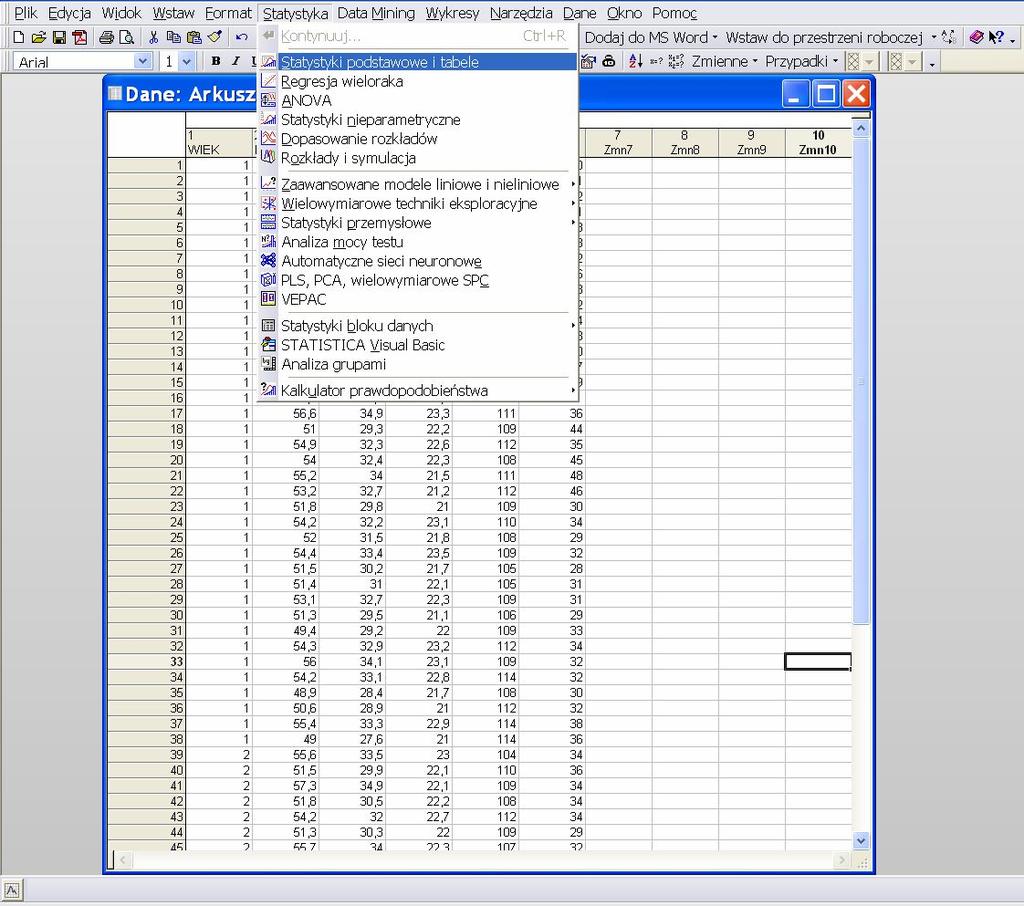 Obliczenia w pakiecie STATISTICA Wybieramy z menu opcję