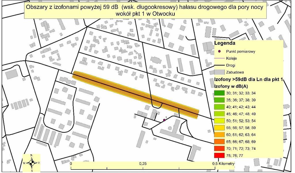 Mapa Nr 8. Obszary z izofonami powyżej 59 db dla pory nocy (wsk.