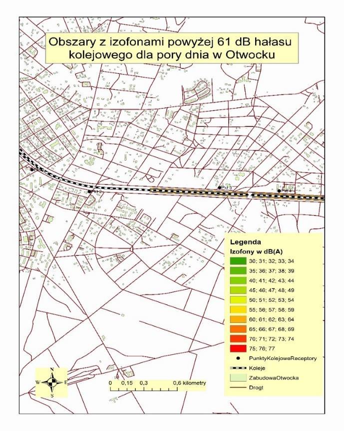 Na mapach 14 i 15 przedstawiono obszary, na których izofony przekraczają poziom dopuszczalny dla pory dnia 61 db oraz dla pory nocy 56 db.