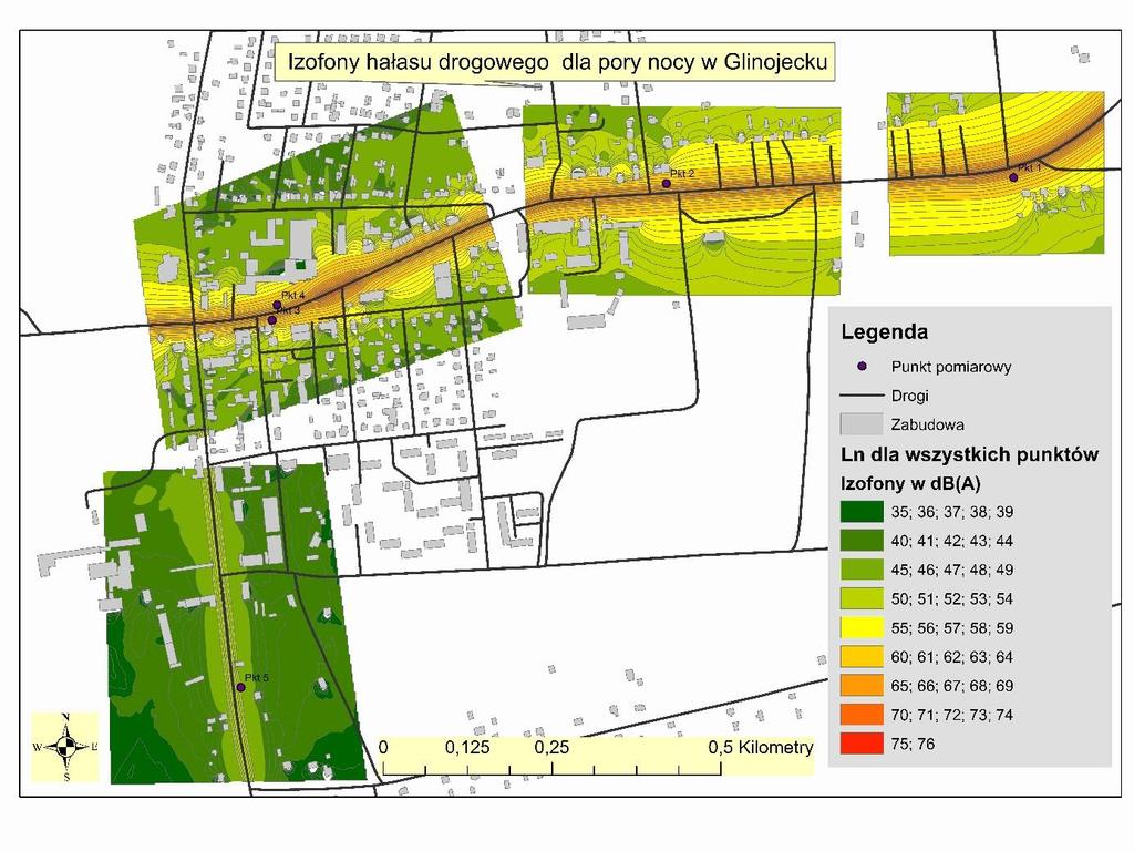 Wskaźniki krótkookresowe Na mapach nr 2, 20, 21 i 22 przedstawiono obszary z izofonami imisji hałasu drogowego wokół punktów