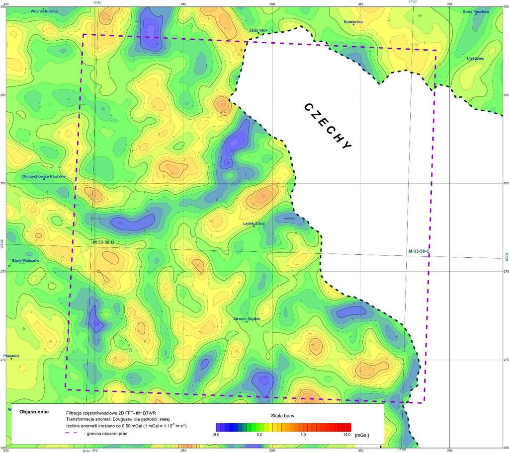 Rys. 3. Mapa anomalii rezydualnych pola siły ciężkości w rejonie Lądka-Zdroju (odniesionych do zakresu głębokości 0 1 km p.p.t.) Fig. 3. The map of residual anomalies of the gravity field in the Lądek-Zdrój area (related to the depth range 0 1 km b.