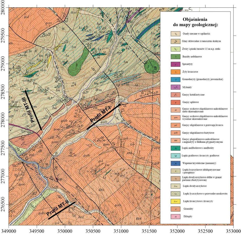 Rys. 5. Lokalizacja profili magnetotellurycznych w rejonie Lądka-Zdroju na tle mapy geologicznej Polski (skala 1: 25 000, Arkusz Lądek-Zdrój). Fig. 5. Location of magnetotelluric profiles in the Lądek-Zdrój area against the background of Geological Map of Poland (scale 1: 25 000, Lądek-Zdrój sheet).