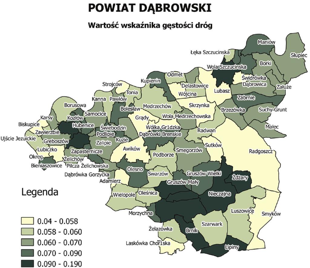 Jarosław Janus, Jarosław Taszakowski OMÓWIENIE WYNIKÓW BADAŃ Powiat dąbrowski okazał się bardzo zróżnicowany pod względem natężenia wskaźnika określającego gęstość sieci drogowej, którego wartości i