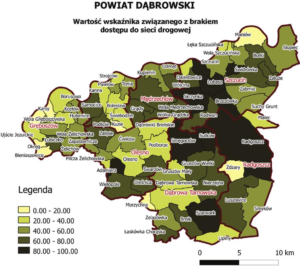 Wybrane parametry sieci dróg... km/ha), Wola Gręboszowska (0.1 km/ha) oraz Brnik (0.1 km/ha). Natomiast najniższą wartość wskaźnika otrzymały obręby zaznaczone na rysunku 2 najjaśniejszym kolorem.