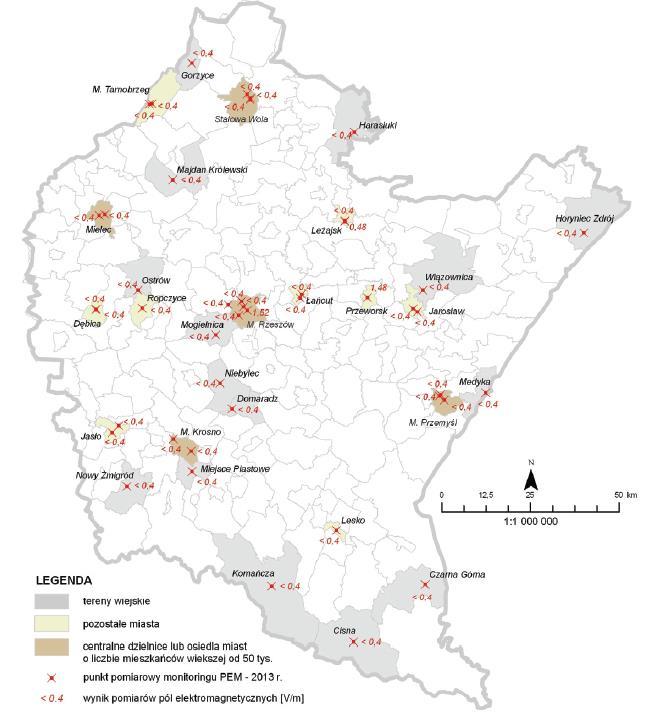 Rysunek 7. Rozmieszczenie punktów pomiarowych monitoringu poziomów pól elektromagnetycznych na obszarze województwa podkarpackiego w 2013r.