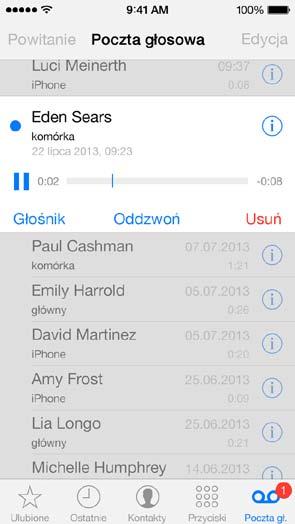 Odsłuchiwanie wiadomości na poczcie głosowej: Stuknij w Poczta głosowa, a następnie stuknij w wiadomość. Aby odsłuchać wiadomość ponownie, wybierz wiadomość i stuknij w.