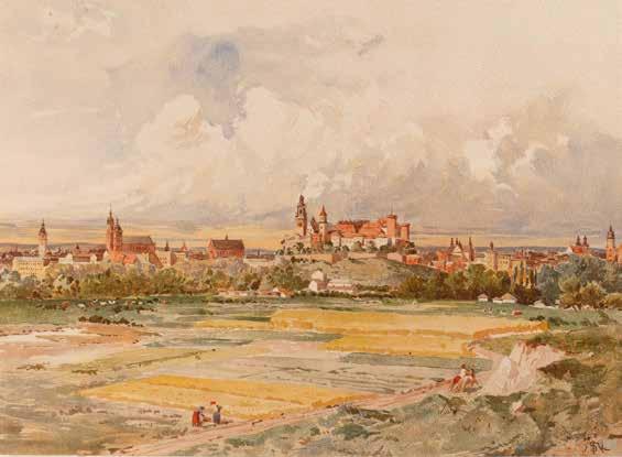 67 Juliusz Kossak (1824 Nowy Wiśnicz 1899 Kraków) Stanisław Tondos (1854 1917) Panorama Krakowa litografia barwna, papier, 20,5 28 cm w św. passe-partout sygn.
