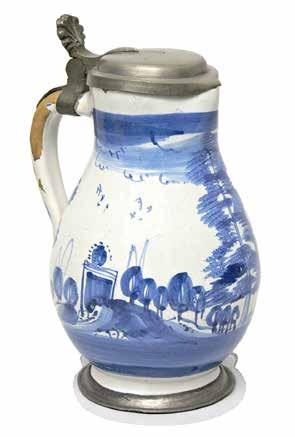 157 Kufel połud. Niemcy, XVIII w. fajans, cyna; dekoracja malowana kobaltem; wys. 21 cm; ubytki szkliwa cena wywoławcza: 700 zł 158 Kufel XVIII w.
