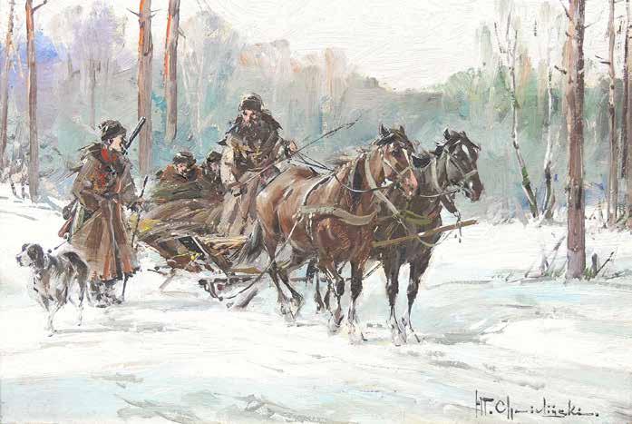 7 Władysław Chmieliński (1911 Warszawa 1979 tamże) Scena z polowania olej, tektura, 17