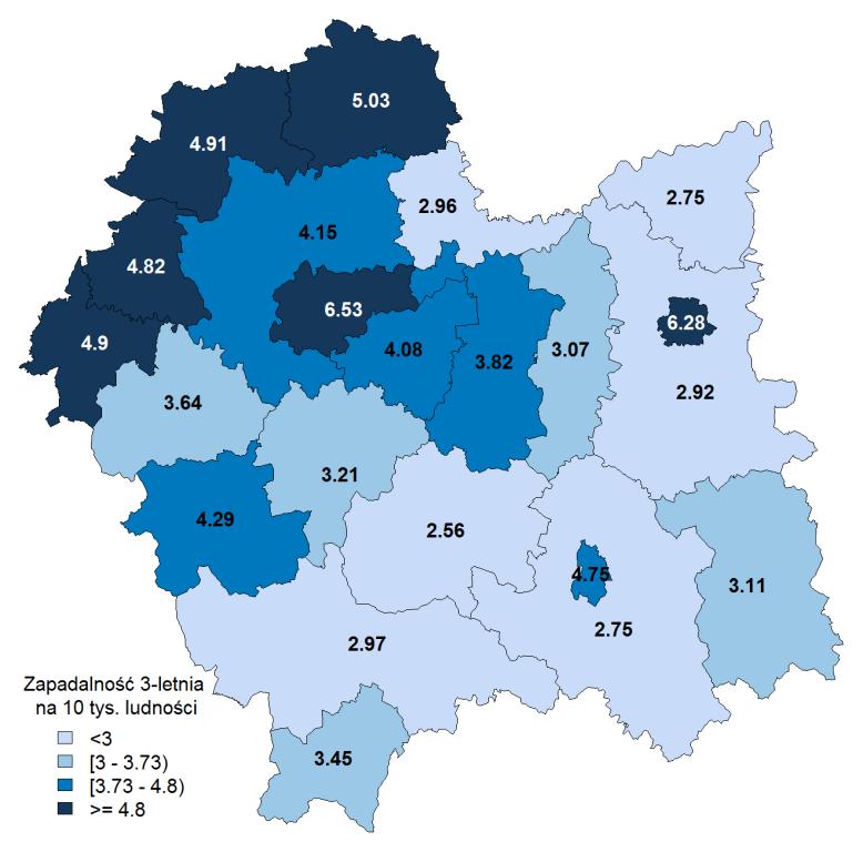 Współczynnik 3 letniej zachorowalności na 10 tys. ludności w województwie małopolskim - nowotwór złośliwy piersi w okresie 2010-2012 (os.