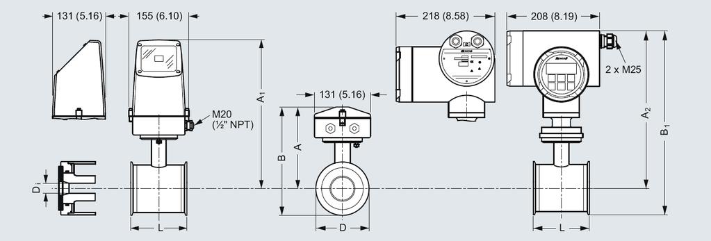 9. RYSUNKI WYMIAROWE MAG1100 F z przetwornikiem MAG5000/6000 oraz MAG6000 I w wersji kompakt i rozłącznej W nawiasach podano wymiary w calach UWAGA: Przy kompaktowym montażu przetwornika MAG6000 I, w