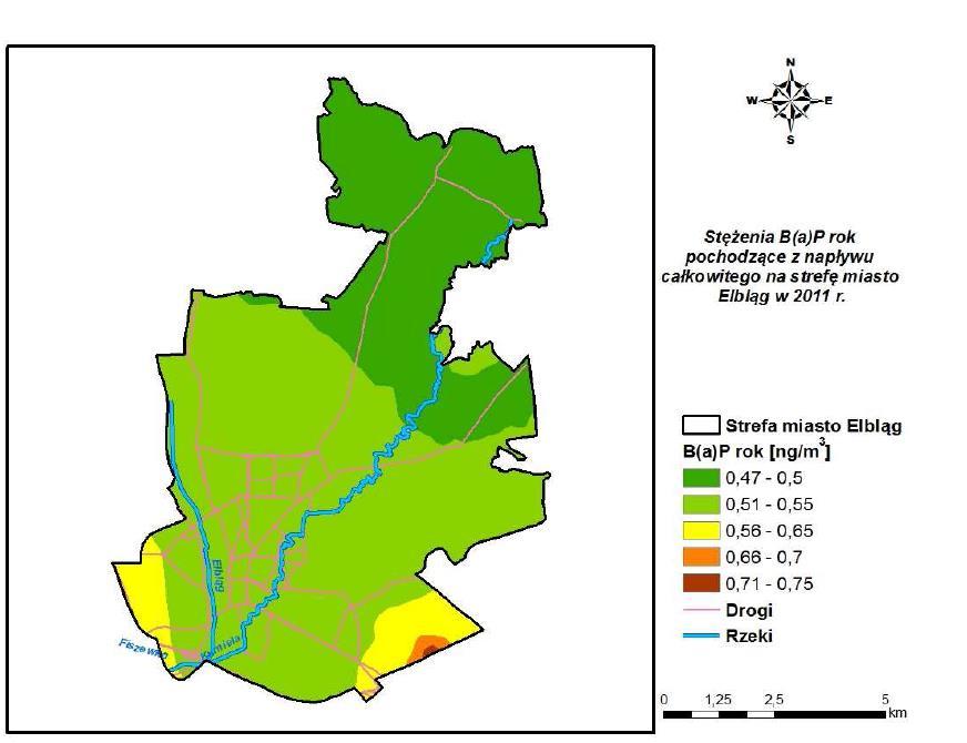 Rysunek 2-13 Stężenia B(a)P o okresie uśredniania wyników w skali roku w mieście Elblągu pochodzące z emisji punktowej w 2011