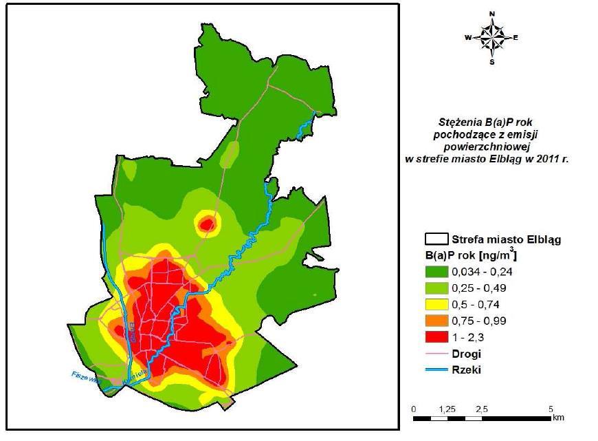 Rysunek 2-14 Stężenia B(a)P o okresie uśredniania wyników w skali roku w mieście Elblągu pochodzące z emisji komunalnej w 2011
