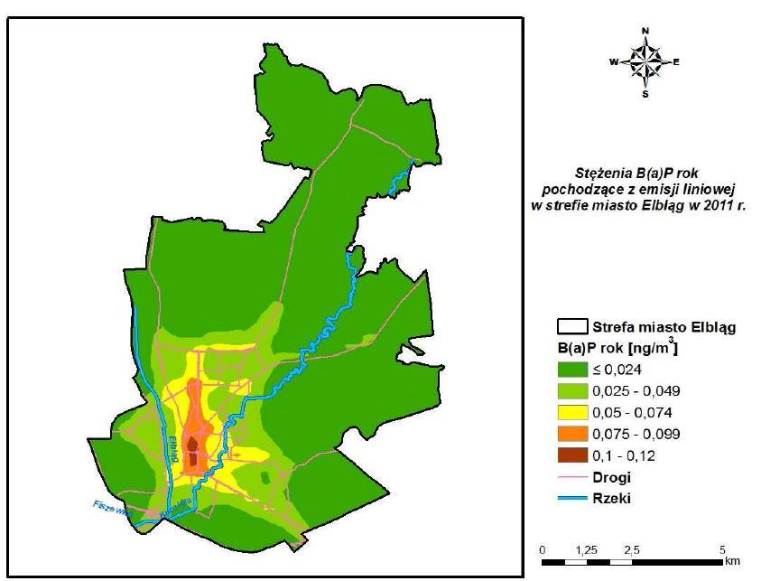 Rysunek 2-15 Stężenia B(a)P o okresie uśredniania wyników w skali roku w mieście Elblągu pochodzące z emisji komunikacyjnej w