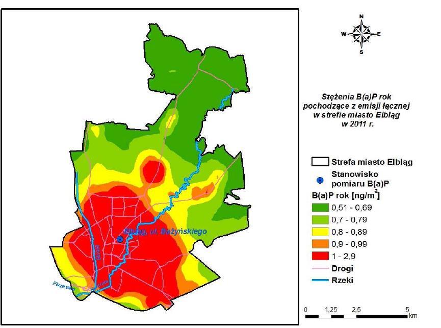 Rysunek 2-16 Stężenia B(a)P o okresie uśredniania wyników w skali roku w mieście Elblągu pochodzące z łącznej emisji wszystkich typów w 2011 roku źródło: Program ochrony powietrza ze względu na