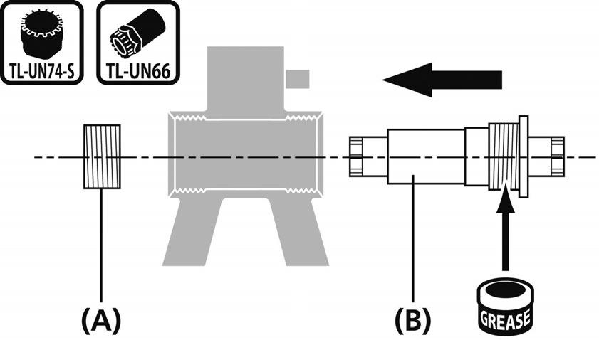 MONTAŻ (TARCZA MECHANIZMU KORBOWEGO) TYP OCTALINK Montaż osi suportu Montaż mechanizmu korbowego 1. Do zamontowania mechanizmu korbowego użyć klucz imbusowy. 1. Nasmarować korpus i zamontować go, używając oryginalnego narzędzia Shimano.