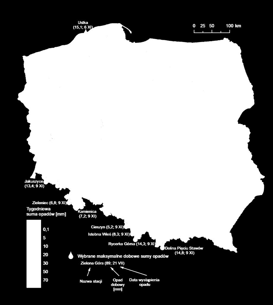 dobowe sumy opadów (w okresie 3