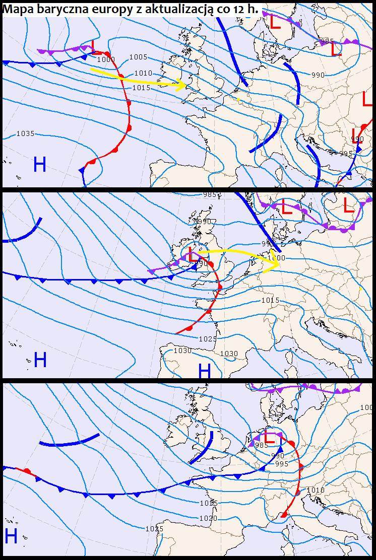 Oto trzy mapy synoptyczne Europy, na których widać wędrówkę jednego z niży. O godzinie 12.