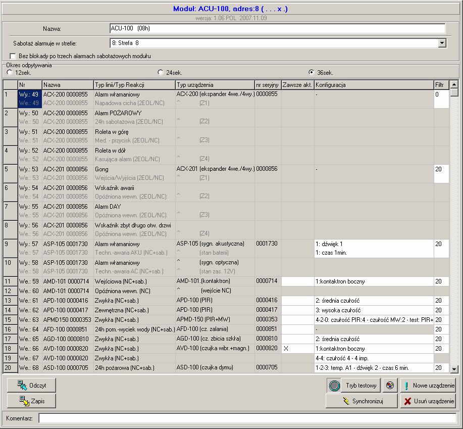 ACU-100 SATEL 41 Rys. 15. Konfiguracja kontrolera ACU-100 w programie DLOADX. Pod informacją o typie modułu i jego adresie, podana jest informacja o wersji jego oprogramowania.