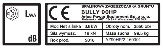 1.3. CHARAKTERYSTYKA TECHNICZNA 1.3.1. DANE OGÓLNE Producentem i dystrybutorem zagęszczarki BULLY 90HP jest: ARIES POWER EQUIPMENT Sp. z o.o. 02-844 WARSZAWA ul. PUŁAWSKA 467 tel. 22.861.43.01 fax.