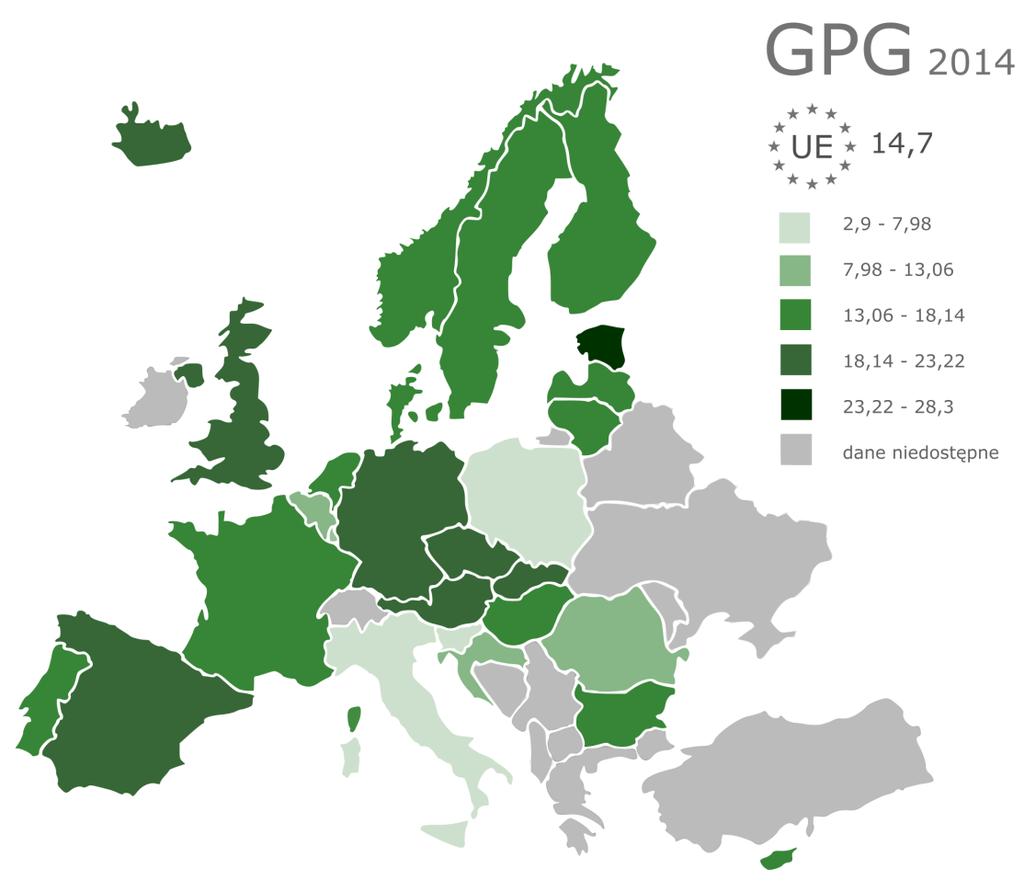 Gender Pay Gap w krajach Europy w 2014 r. (%) RÓŻNICE W WYNAGRODZENIACH KOBIET I MĘŻCZYZN W KRAJACH EUROPY Najwyższy wskaźnik GPG w 2014 roku odnotowano w Estonii, Austrii i Czechach.