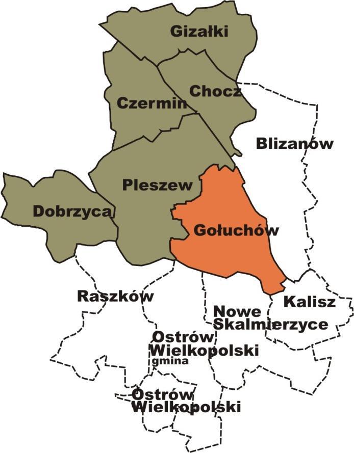 1. POŁOŻENIE GEOGRAFICZNE Gmina Gołuchów jest gminą o charakterze wiejskim, położoną w południowowschodniej części województwa wielkopolskiego w powiecie pleszewskim. Gmina leży w tzw.