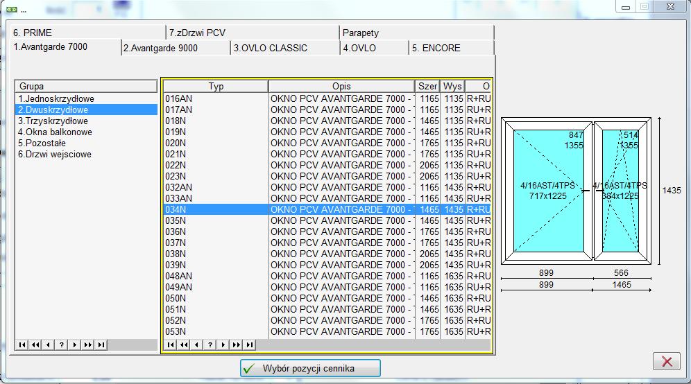 Wycena stolarki Szukamy okna które nas interesuje. W tej instrukcji dla przykładu wybieramy najprostsze Dwuskrzydłowe okno typowe o symbolu 034 w systemie Avantgarde 7000.