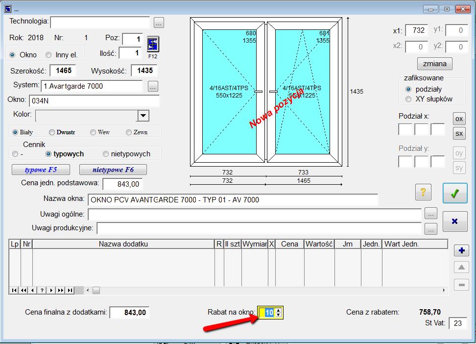 Wycena stolarki Po wybraniu pozycji, mamy cenę finalną okna a także możliwość ustawienia określonej wysokości rabatu na daną pozycję oraz możliwość