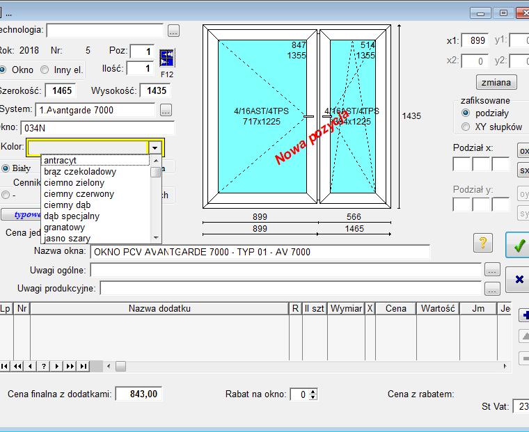 Wycena okien w kolorze Tworzymy nowe zlecenie,wpisujemy okno, wybieramy kolor okleiny.