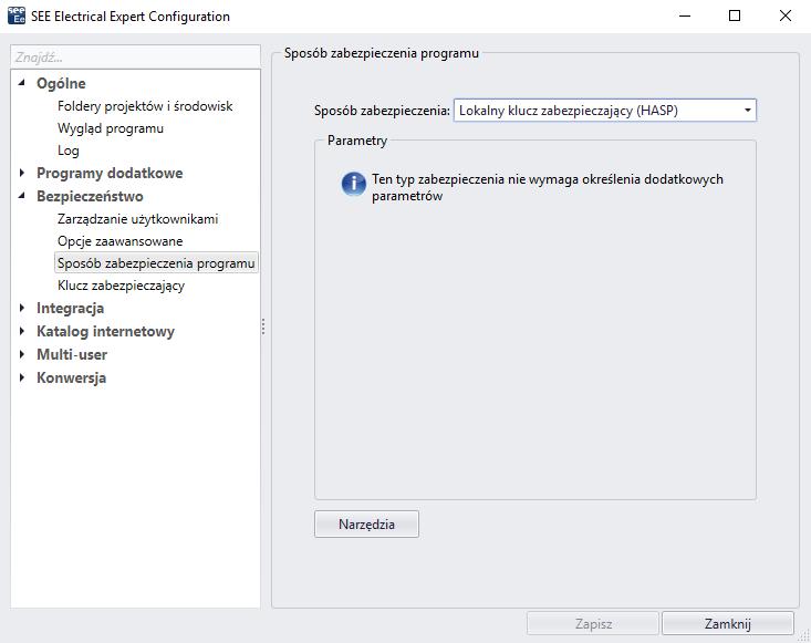 Pierwsze kroki SEE Electrical Expert Wersja V4R3 W zakładce Bezpieczeństwo jest możliwość wyboru sposobu zabezpieczenia programu.
