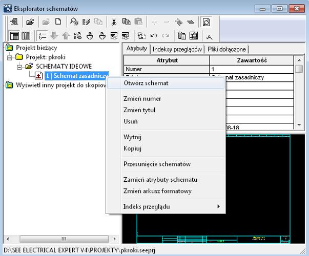 Pierwsze kroki SEE Electrical Expert Wersja V4R3 W celu otwarcia danego rysunku wskazujemy jego nazwę (lub numer) w lewej części eksploratora i naciskamy Enter lub wykonujemy na nim dwuklik.