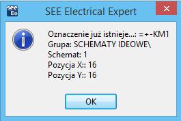 Pierwsze kroki SEE Electrical Expert Wersja V4R3 Pod symbolem cewki, zostaje wprowadzony adres krosowy obok wizerunku zestyku, informujący o tym, w którym miejscu wstawiliśmy zestyk (1-7) (pierwszy