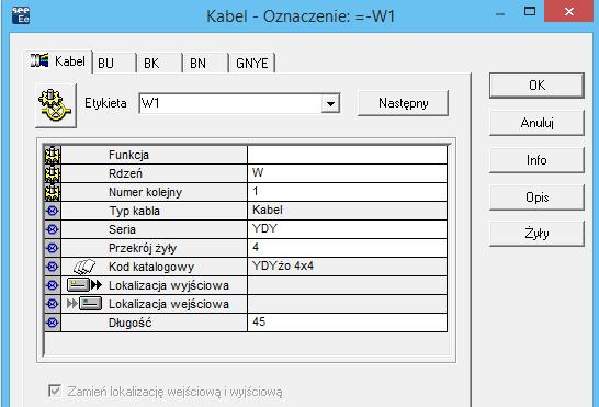 Pierwsze kroki SEE Electrical Expert Wersja V4R3 Klikamy prawym klawiszem na zaznaczeniu i z menu wybieramy polecenie: Wstaw kabel. Pojawia się okno Kabel (Rys. D.