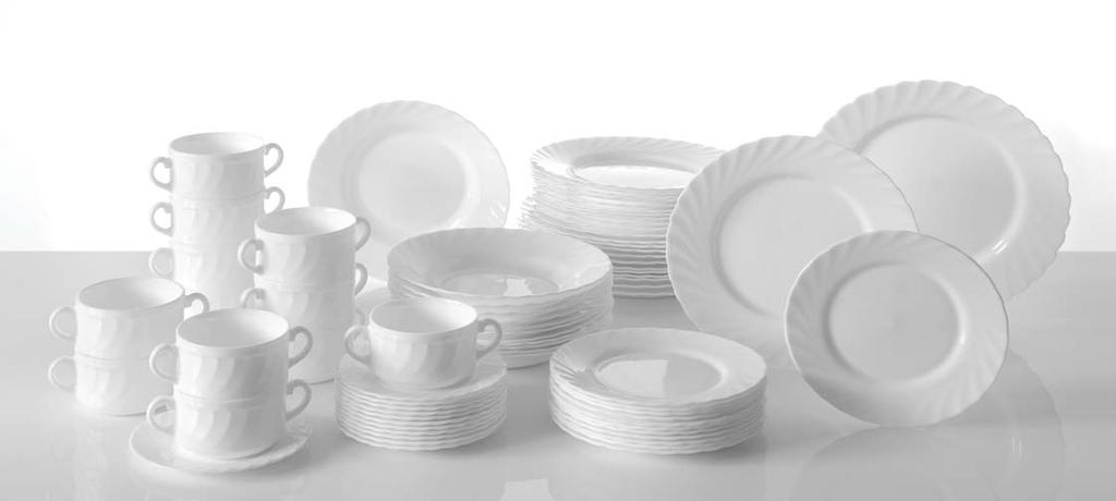 Zastawa stołowa Trianon - zestaw 72 elementów Wykonana z trwałego materiału Opal opatentowanego przez Arc International Trzykrotnie większa odporność na stłuczenia niż porcelana Idealna powierzchnia