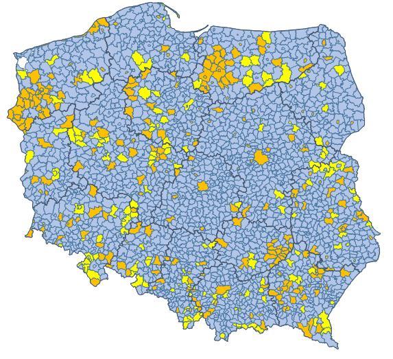 Hipotetyczny zasięg terytorialny in house Dodatkowo: 272 gminy (320 sektorów) Kryteria zakwalifikowania gminy do potencjalnego in house: 1) gminę lub choć jeden z jej sektorów obsługuje własna spółka