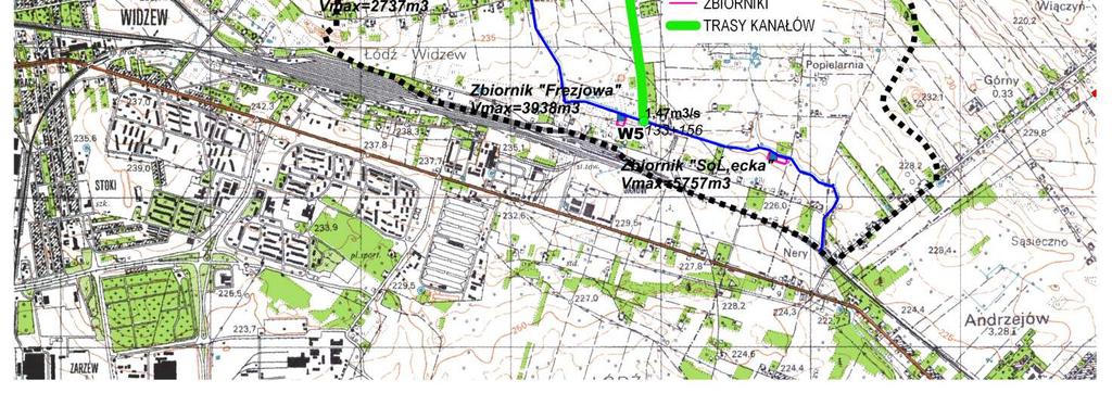 Zbiorniki: Pomorska, Frezjowa, Sołecka) Projektowane kolektory kanalizacji deszczowej odwadniające rejon ulicy Pomorskiej oraz Frezjowej z wylotami ( Pomorska wylot W8 i W8a) oraz Frezjowa wylot W5