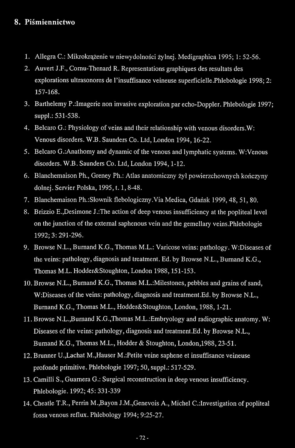 : Atlas anatomiczny żył powierzchownych kończyny dolnej. Servier Polska, 1995,1.1,8-48. 7. Blanchemaison Ph.:Słownik flebologiczny.yia Medica, Gdańsk 1999, 48, 51, 80. 8. Brizzio E.,Desimone J.