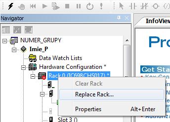 należy kliknąć prawym przyciskiem na zakładce "Rack 0" i z rozwiniętego menu kontekstowego wybrać pole Replace