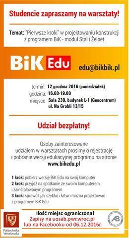 c) organizacja szkolenia z projektowania konstrukcji stalowych oraz żelbetowych w programie Bik przy współpracy z firmą Budikom grudzień 2016 r.
