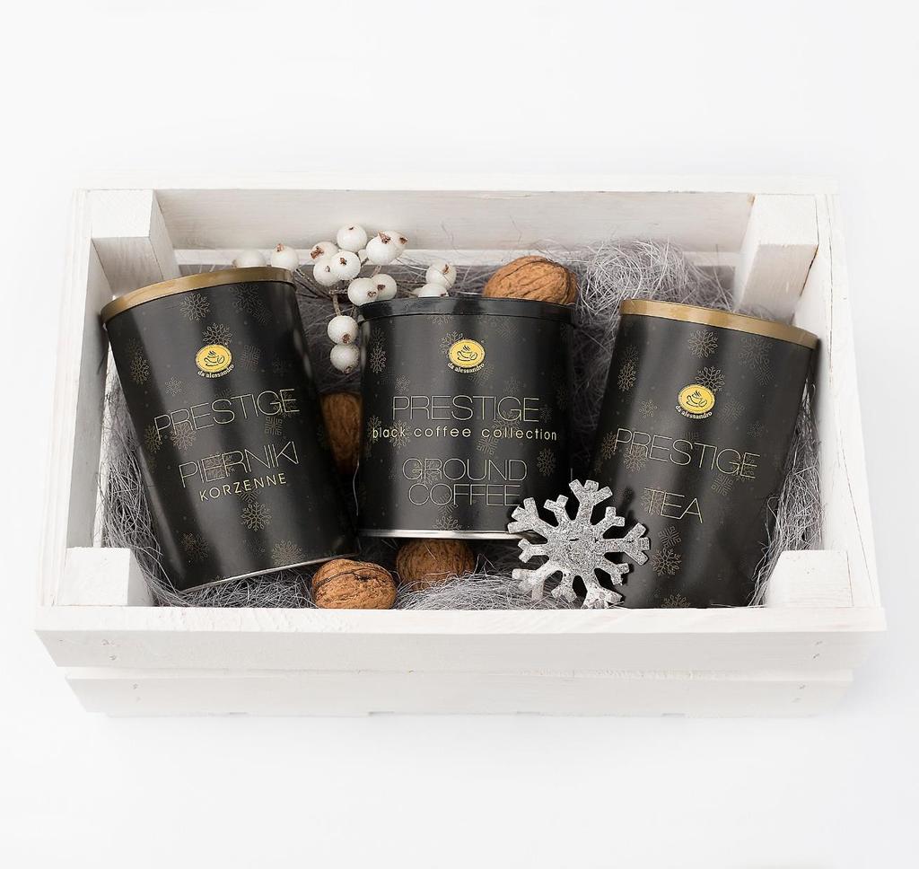 Zestaw świąteczny nr 1 Herbata Da Alessandro Prestige Black Gold 50g tuba Kawa Da Alessandro Prestige Black Gold mielona puszka 125 g