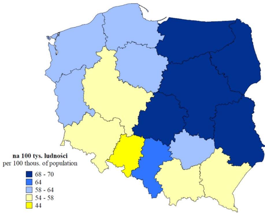 W 2012 roku śmiertelnym wypadkom najczęściej ulegali mieszkańcy województwa łódzkiego i warmińsko-mazurskiego. W województwach tych na 100 tys. ludności zmarło 70 osób.