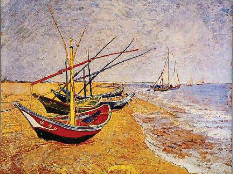 4. Techniki płaskie Rys. 4.35. Wielobarwna światłodrukowa reprodukcja obrazu Vincenta van Gogha Łodzie rybackie na plaży w Saintes-Maries-de-la-Mer z 1888 r. Źródło: https://www.google.pl/url?